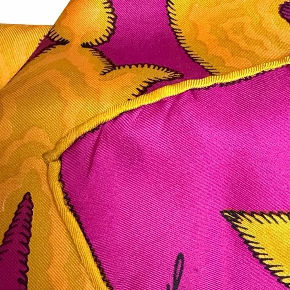 Burmel Twill Silk Scarf Fuchsia Yellow Moroccan-style Pattern Hand Rolled Japan